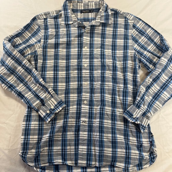 Nautica Men's Plaid Button Down Shirt XL Blue White Long Sleeve D6 - Picture 1 of 5